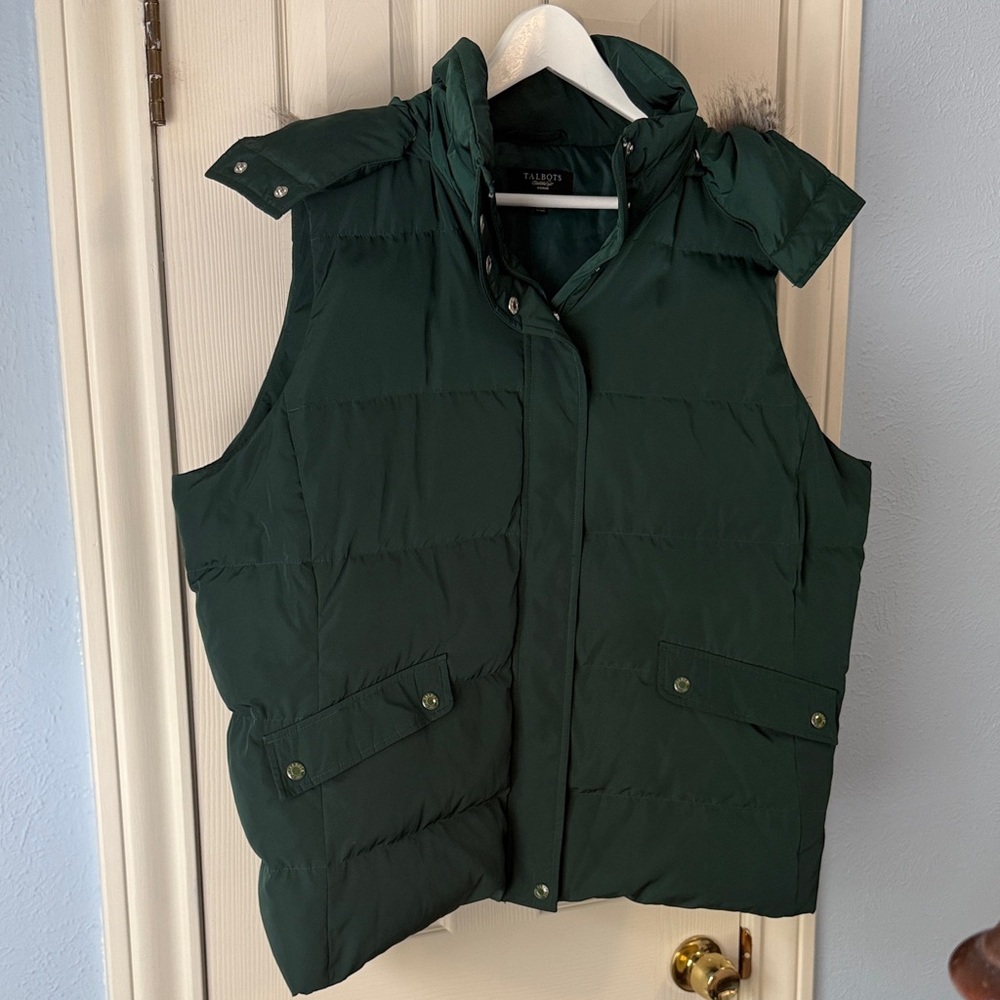 Talbots Olive Puffer Vest Fur Hood Size 2X